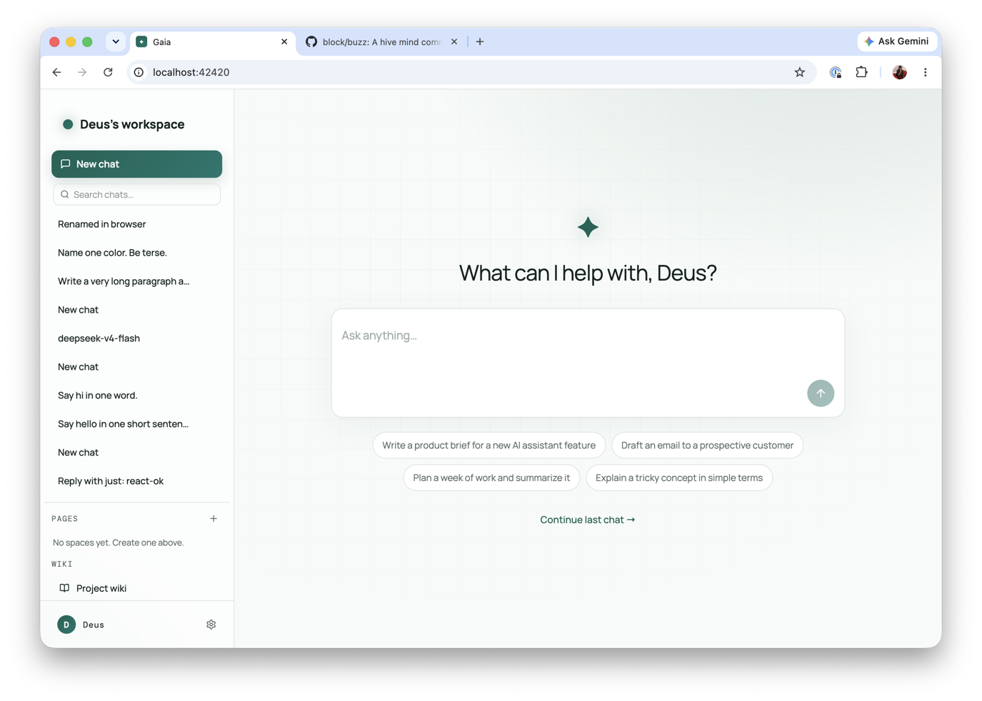 The Gaia Hub workspace: a chat with Gaia showing suggested prompts and the session sidebar